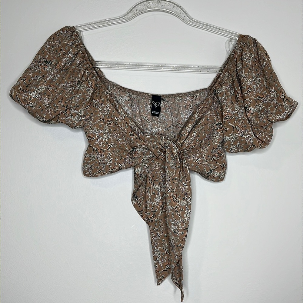 Windsor brown floral puff sleeve tie knot crop top